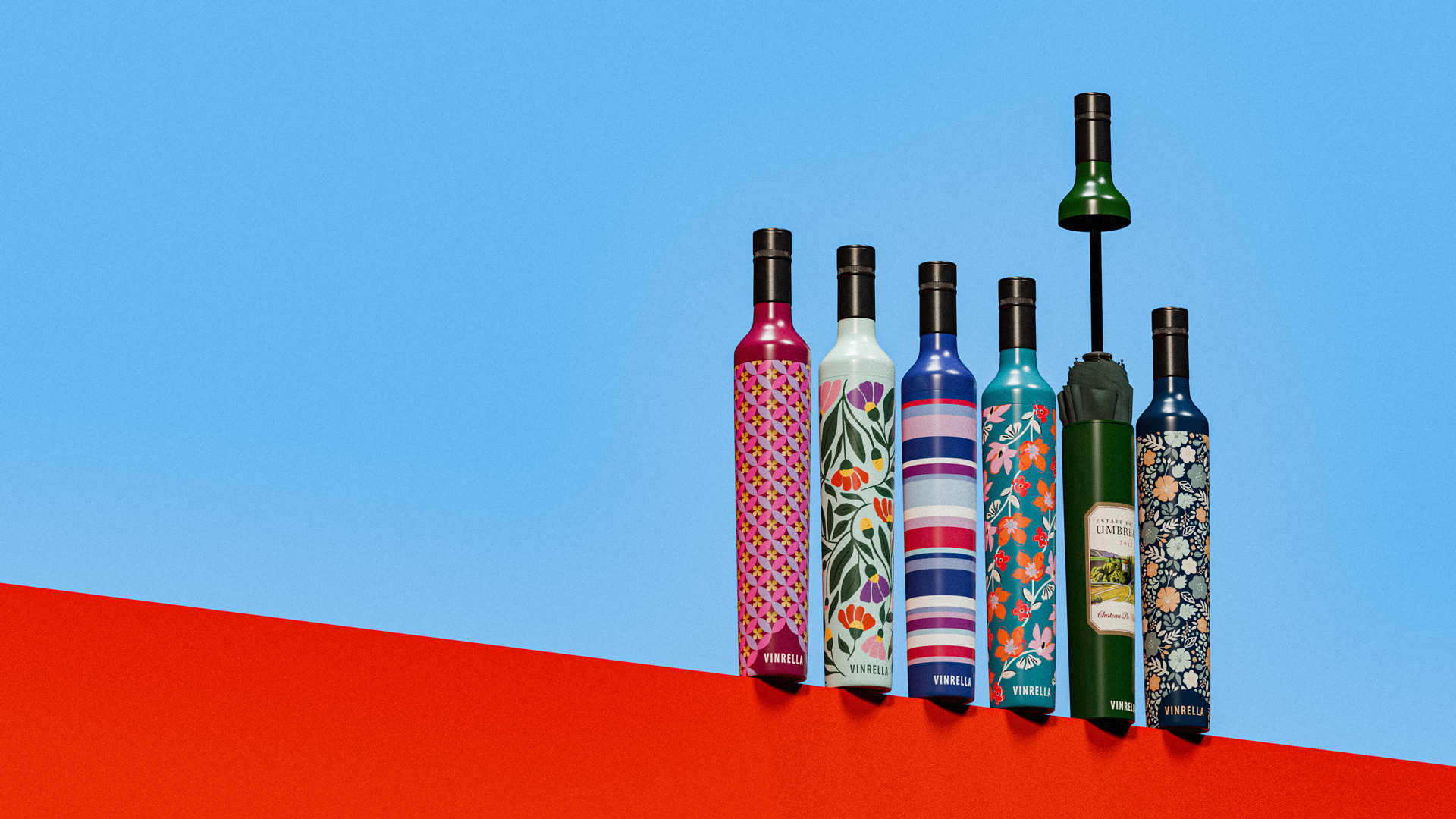 Vinrella product header featuring umbrella bottles