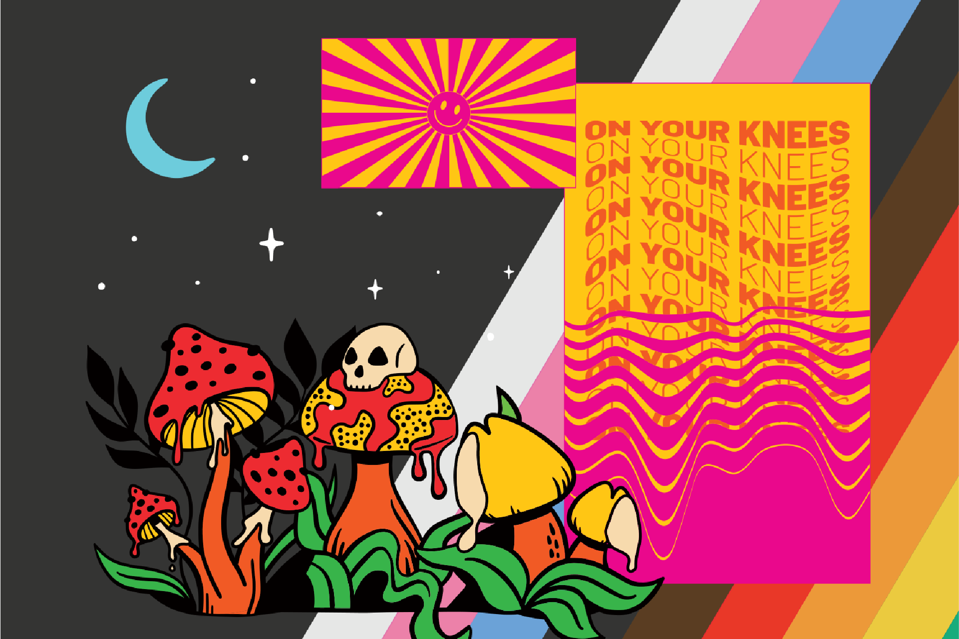 Illustration of colorful mushrooms with a skull on one, crescent moon and stars in a dark sky, and wavy text panels that say 'ON YOUR KNEES'.