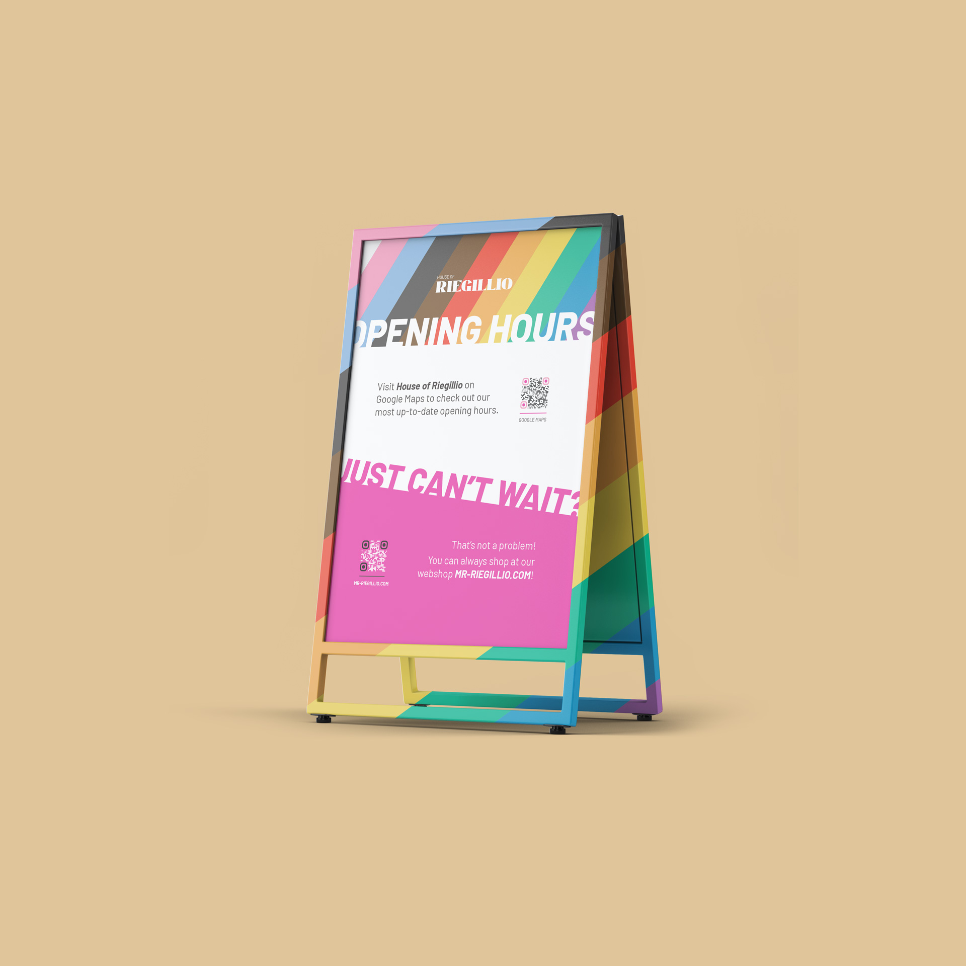 Colorful freestanding sign with House of Riegillio store opening hours and webshop QR codes on a beige background.