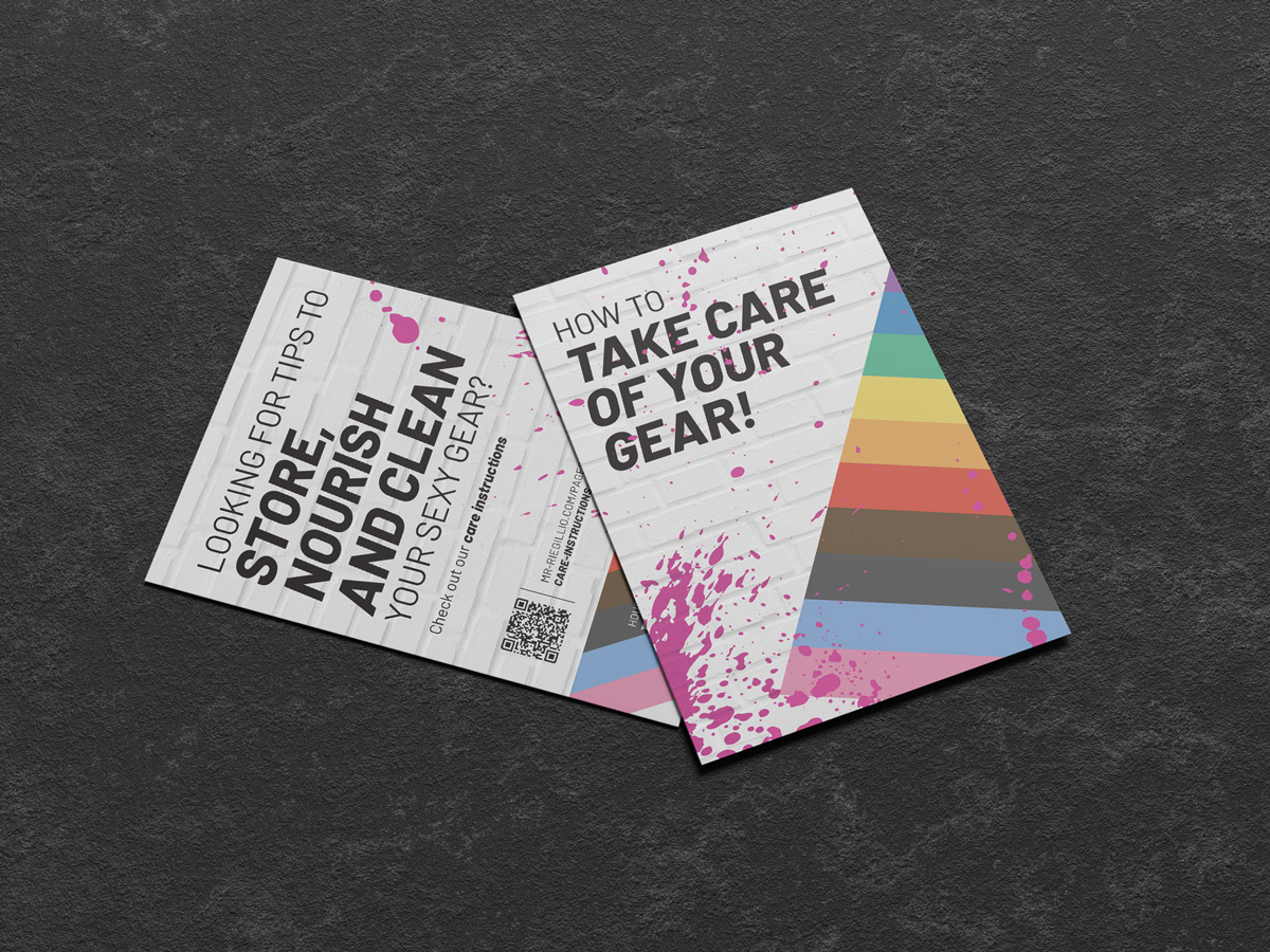 Two colorful pamphlets on a dark textured surface, one reads 'HOW TO TAKE CARE OF YOUR GEAR!' with paint splatters and rainbow stripes, the other reads 'LOOKING FOR TIPS TO STORE, NOURISH AND CLEAN YOUR SEX GEAR?'