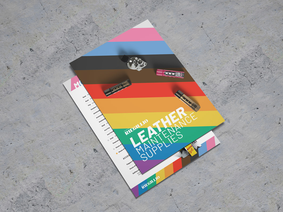 Colorful catalog titled 'Leather Maintenance Supplies' with four bottles and a skull-shaped bottle on top, placed on a gray textured surface.