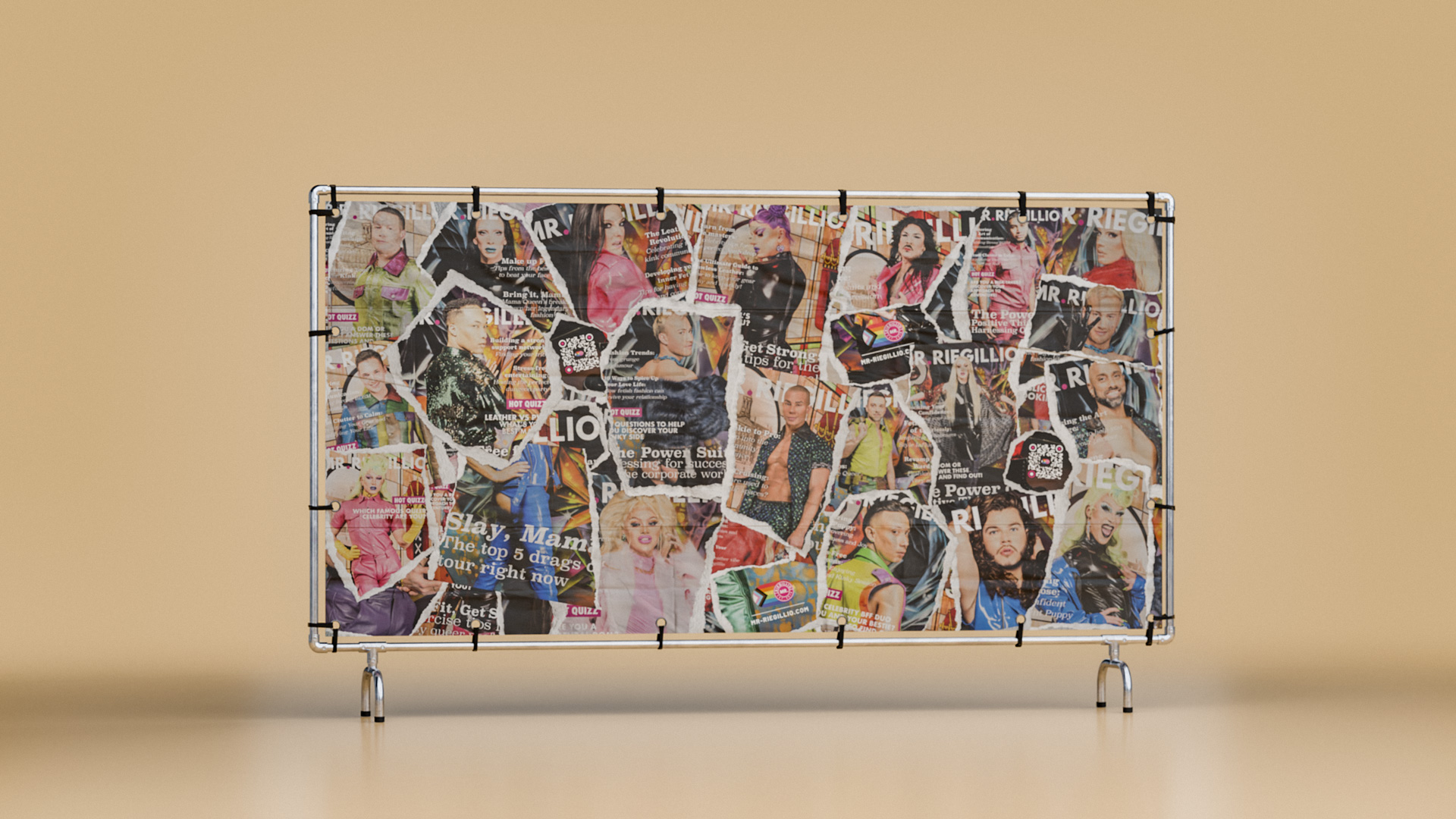 A rectangular frame with torn magazine pages featuring diverse people in colorful clothing attached to a metal stand on a beige background.