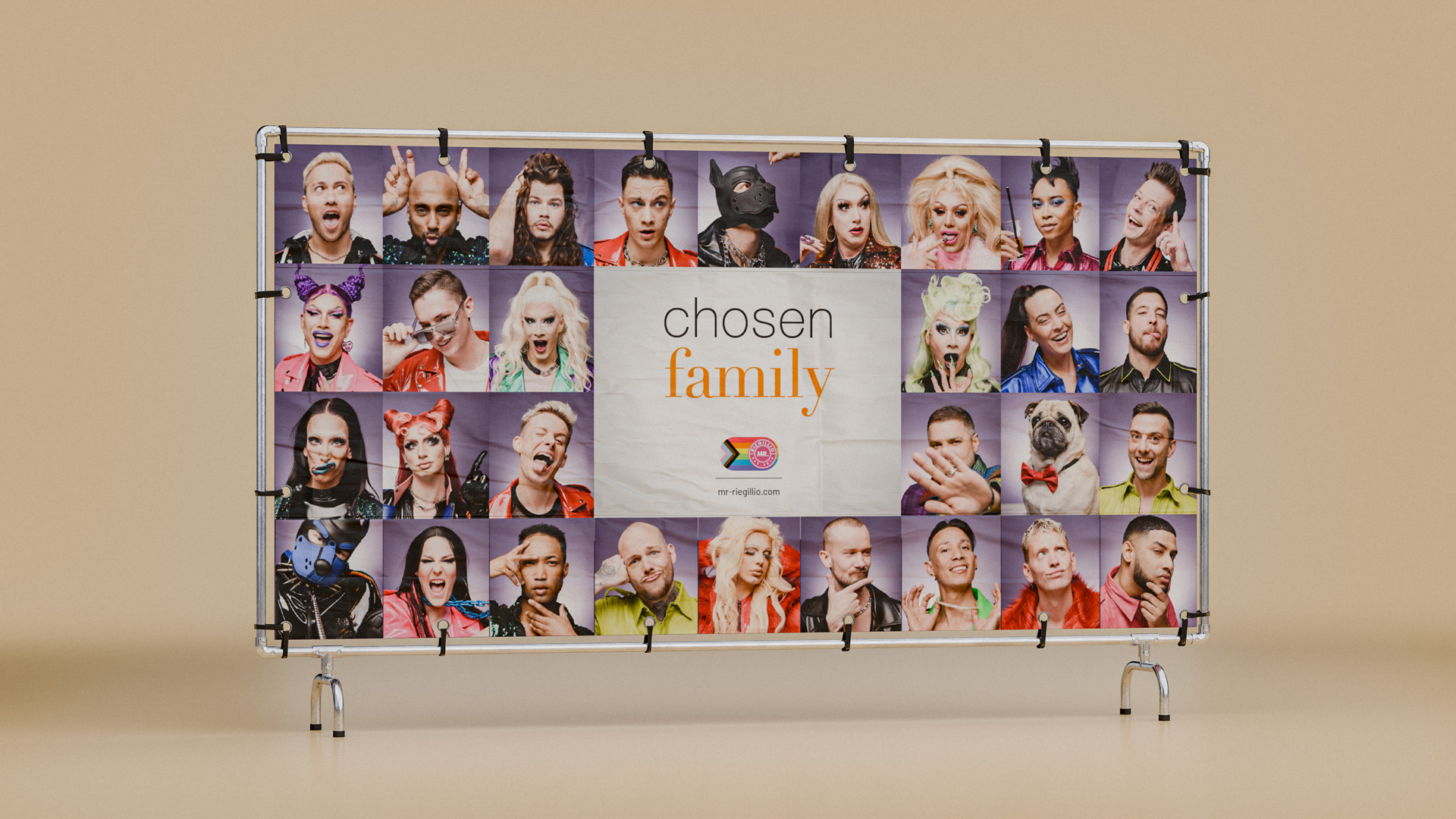 Fabric banner with a collage of diverse people making playful expressions around the text 'chosen family' and a small logo at the center.
