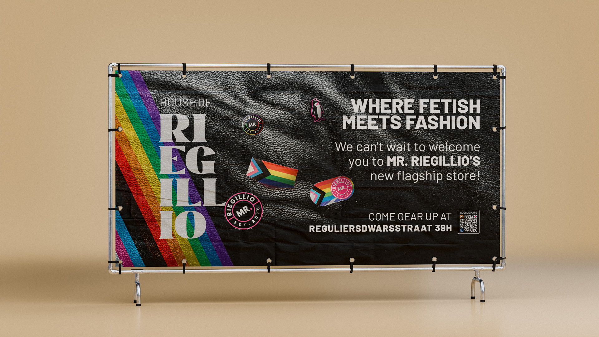 Banner with rainbow stripes and text inviting to Mr. Riegillio's flagship store at Reguliersdwarsstraat 39H, featuring logos and pride-themed graphics.