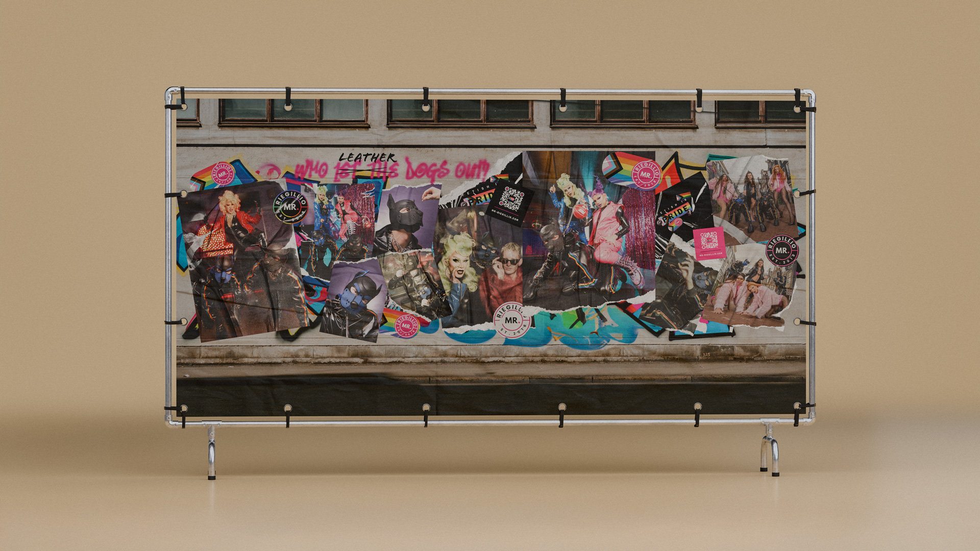 Banner featuring a collage of vibrant photos of people in leather outfits over a graffiti-covered wall background.