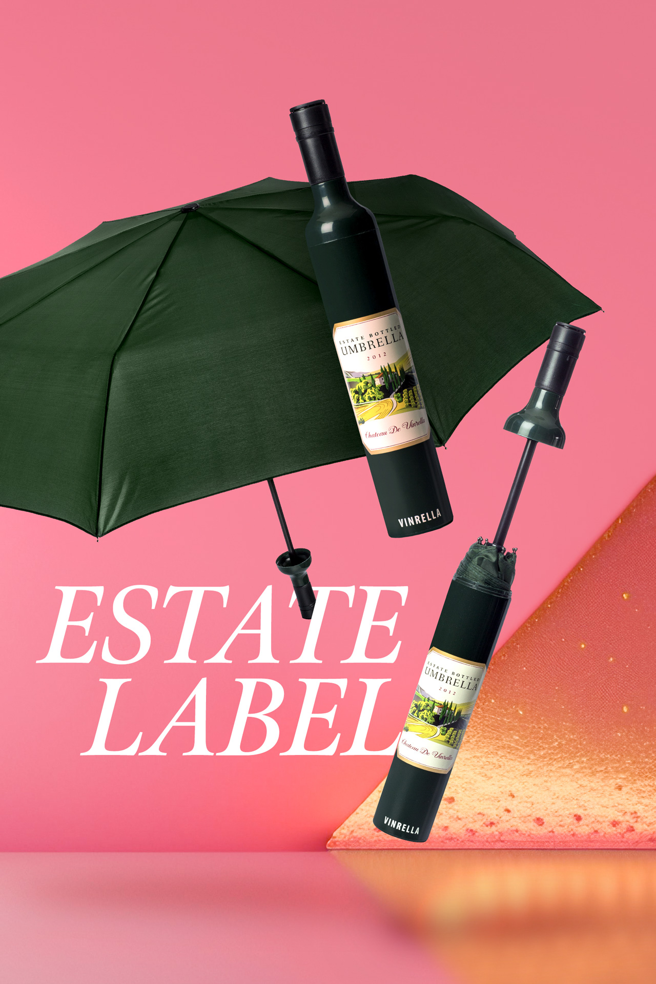 Green umbrella and bottle-shaped wine bottle labeled 'Estate Bottled Umbrella 2012 Chateau De Vinrella' against a pink background with the text 'ESTATE LABEL'.