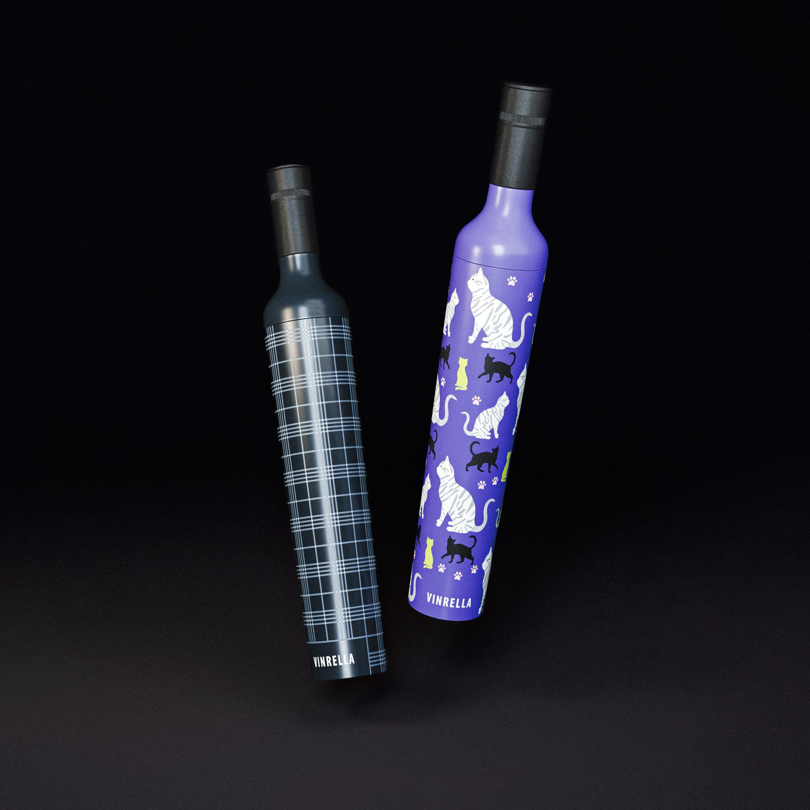 Two slim umbrella cases shaped like wine bottles, one with black and white plaid and the other purple with cat illustrations and paw prints, both labeled Vinrella.