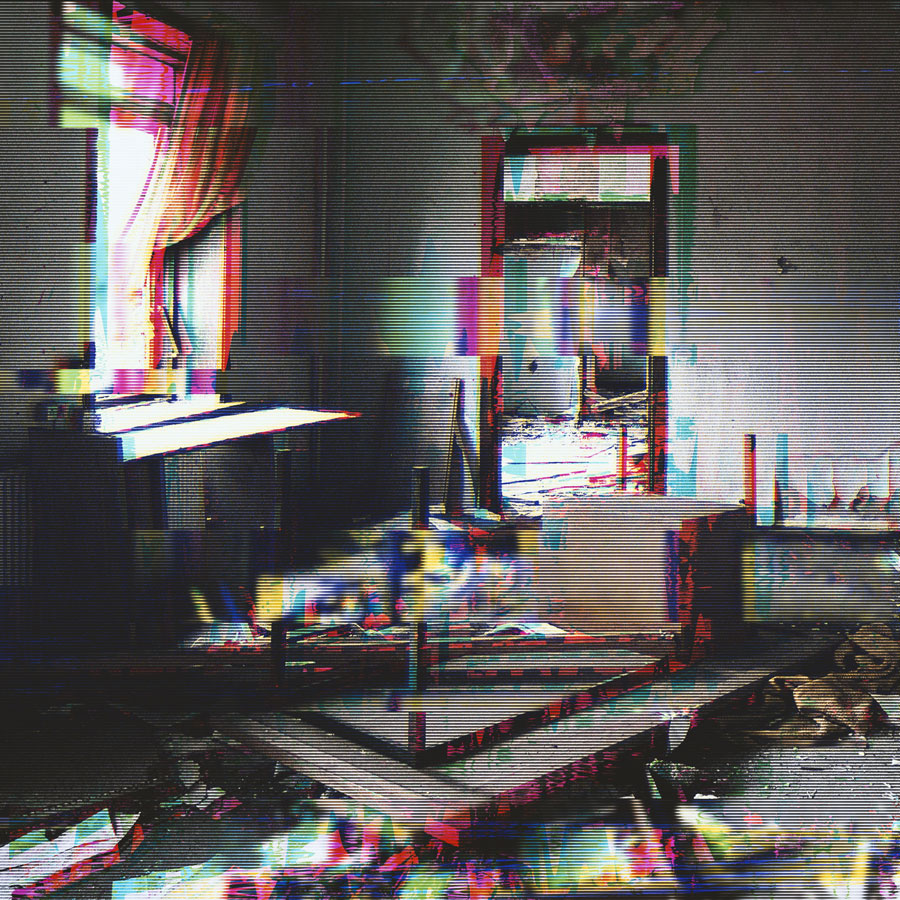 Dimly lit abandoned room with a broken table, debris on the floor, a window with a curtain, and a doorway leading to another ruined room.