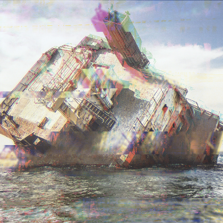 Large ship tilting and partially submerged in water under a blue sky.