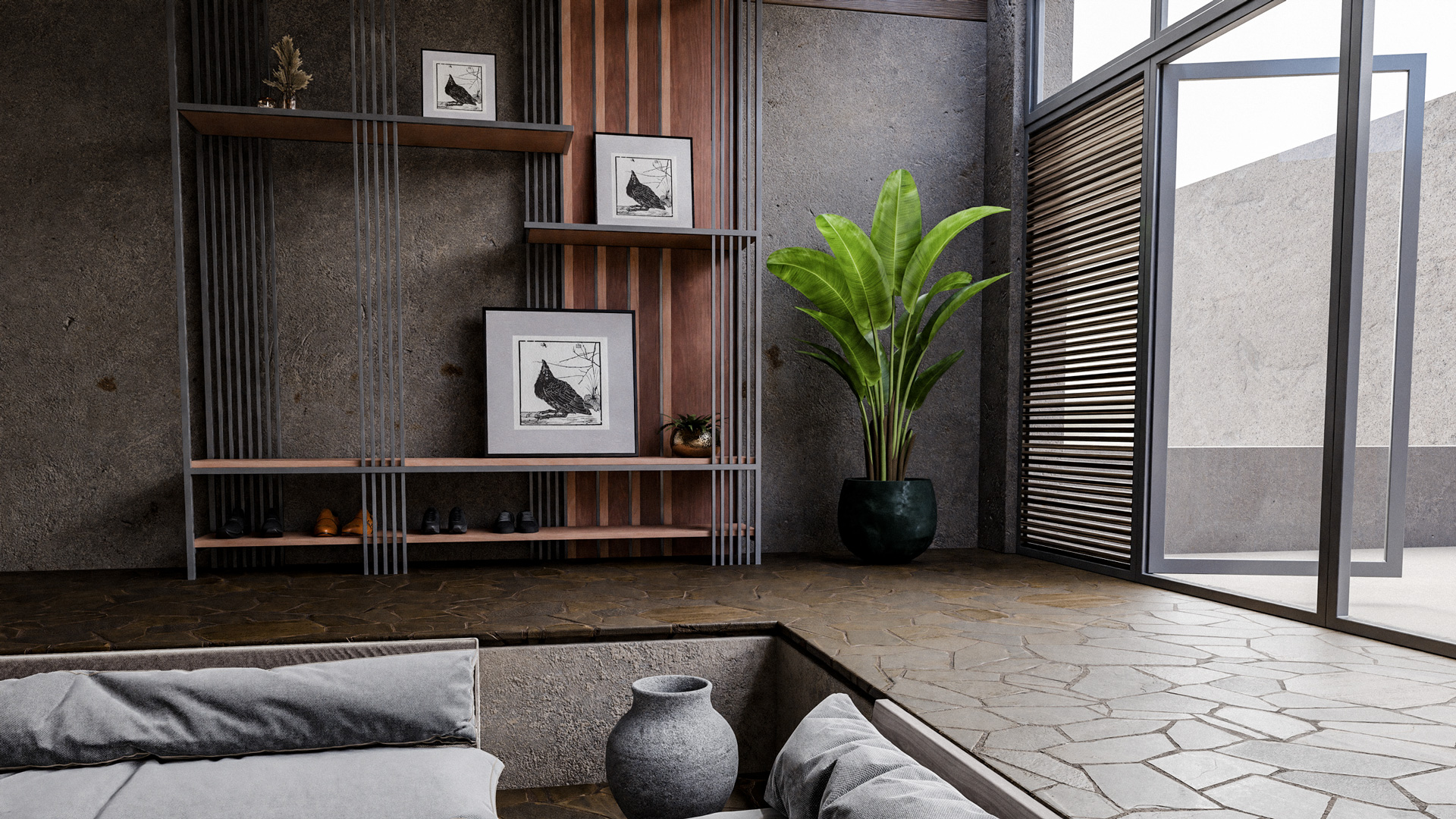 Modern living room with built-in wooden shelving displaying framed bird prints, shoes, and a small plant, next to a large potted green plant by sliding glass doors.