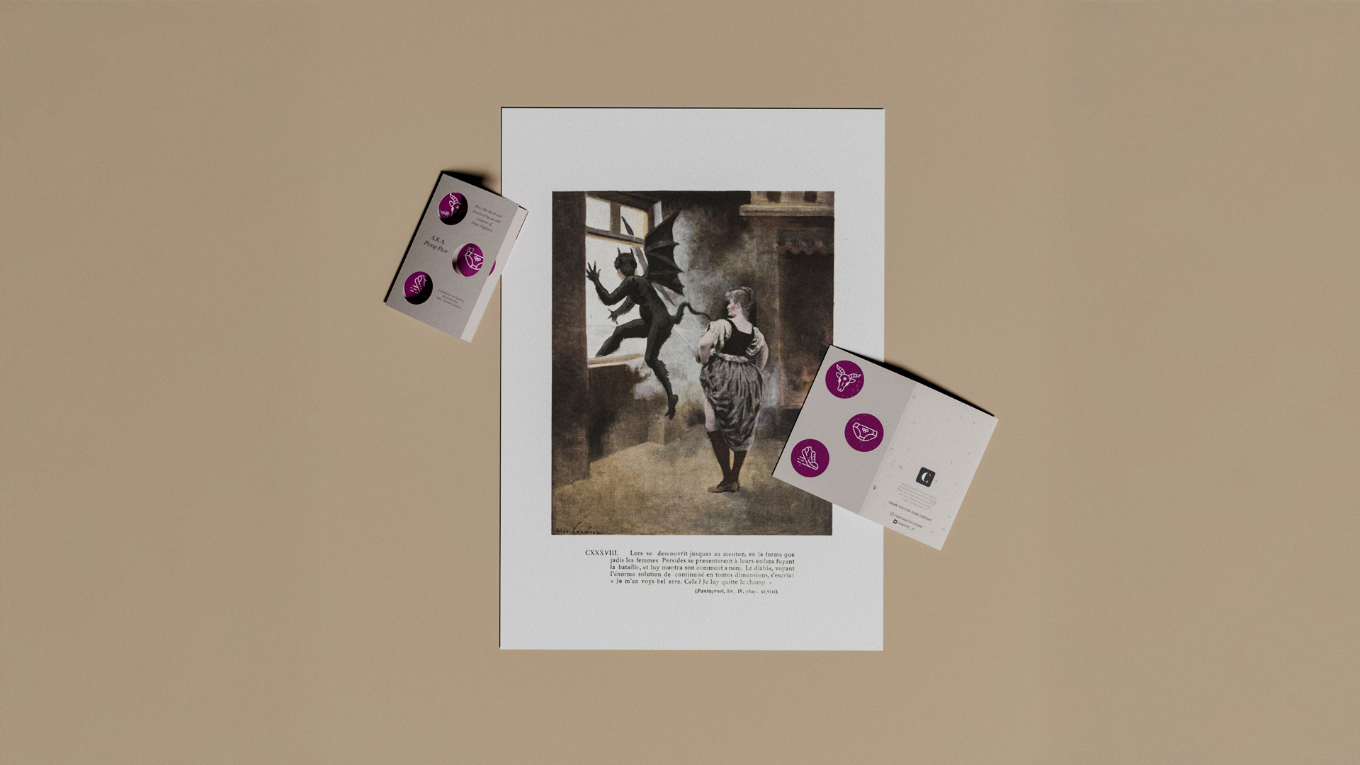 A vintage-style painting print depicting a woman watching a small devil-like figure jump out of a window, lying on a beige surface with two small cards featuring purple circular icons.