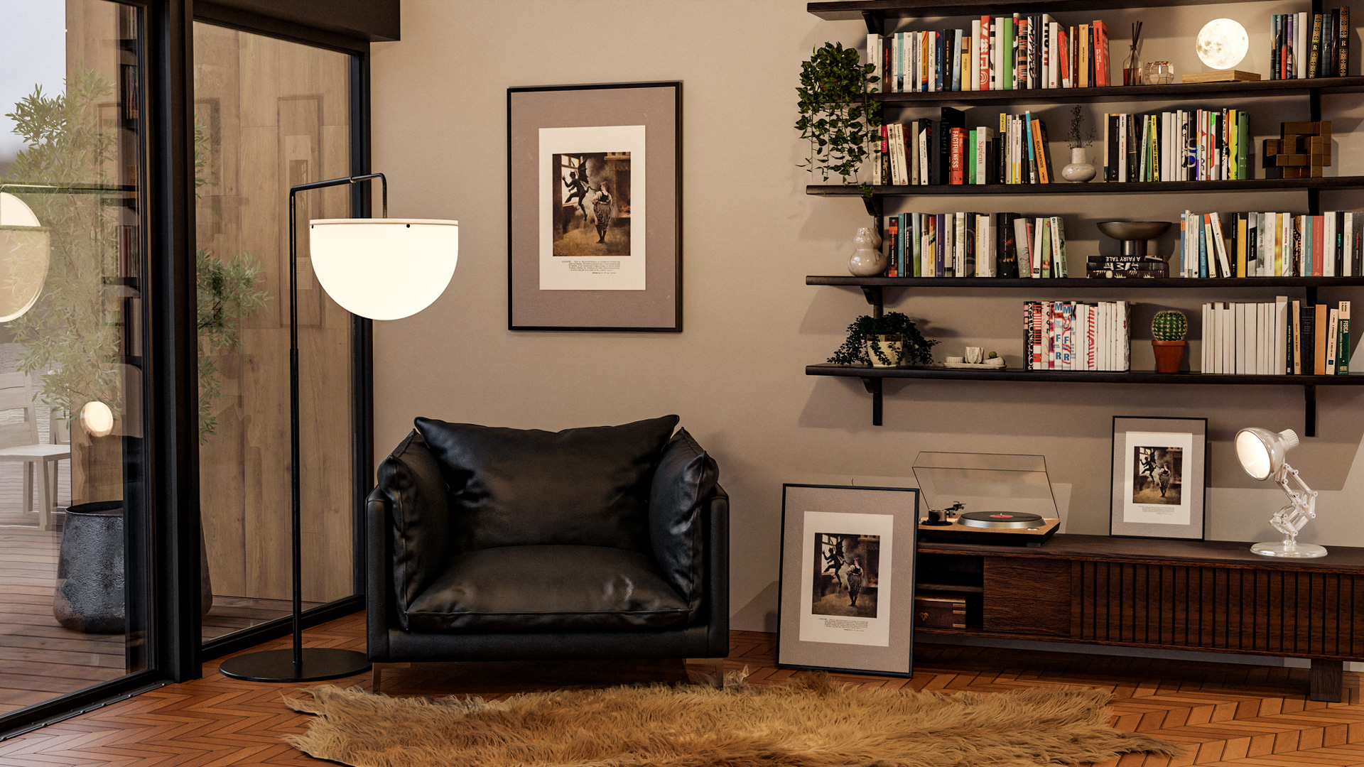 Cozy room with a black leather armchair, floor lamp, wooden shelves filled with books, and a record player on a wooden console.