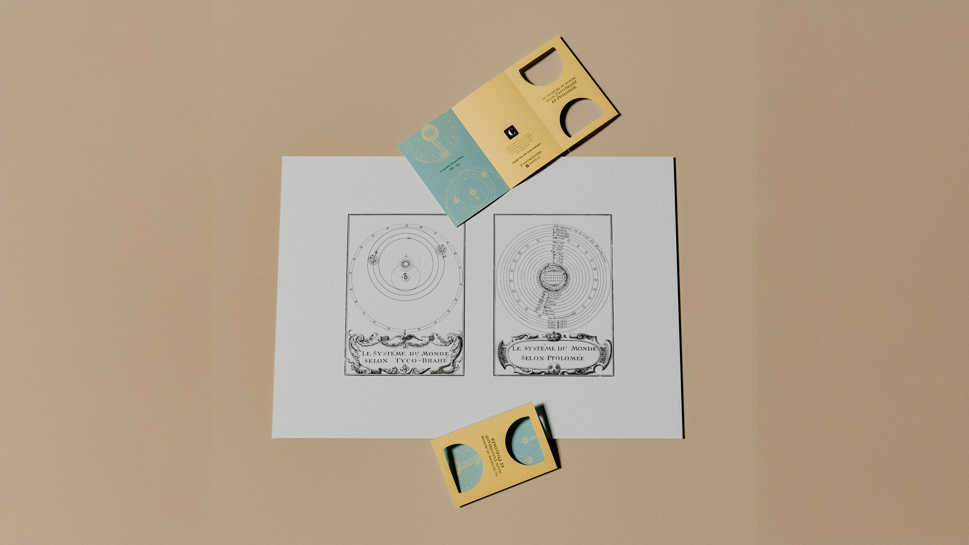 Two vintage-style diagrams comparing the Tycho Brahe and Ptolemy world systems, with two folded informational cards above and below on a beige surface.