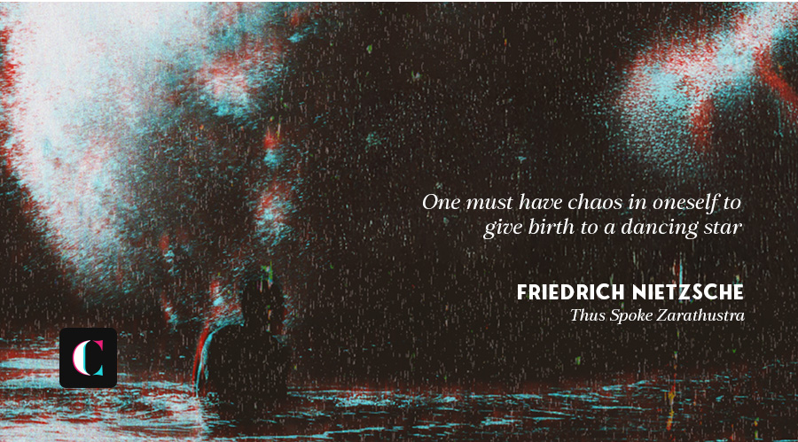 Dark, rainy scene with a person sitting in a boat under a cloudy sky, featuring the Friedrich Nietzsche quote: 'One must have chaos in oneself to give birth to a dancing star.'