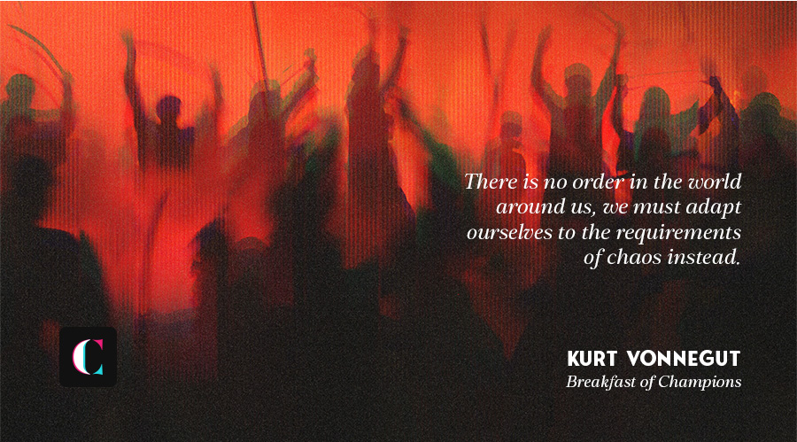 Silhouettes of people raising their hands against a red background with a quote by Kurt Vonnegut about adapting to chaos.