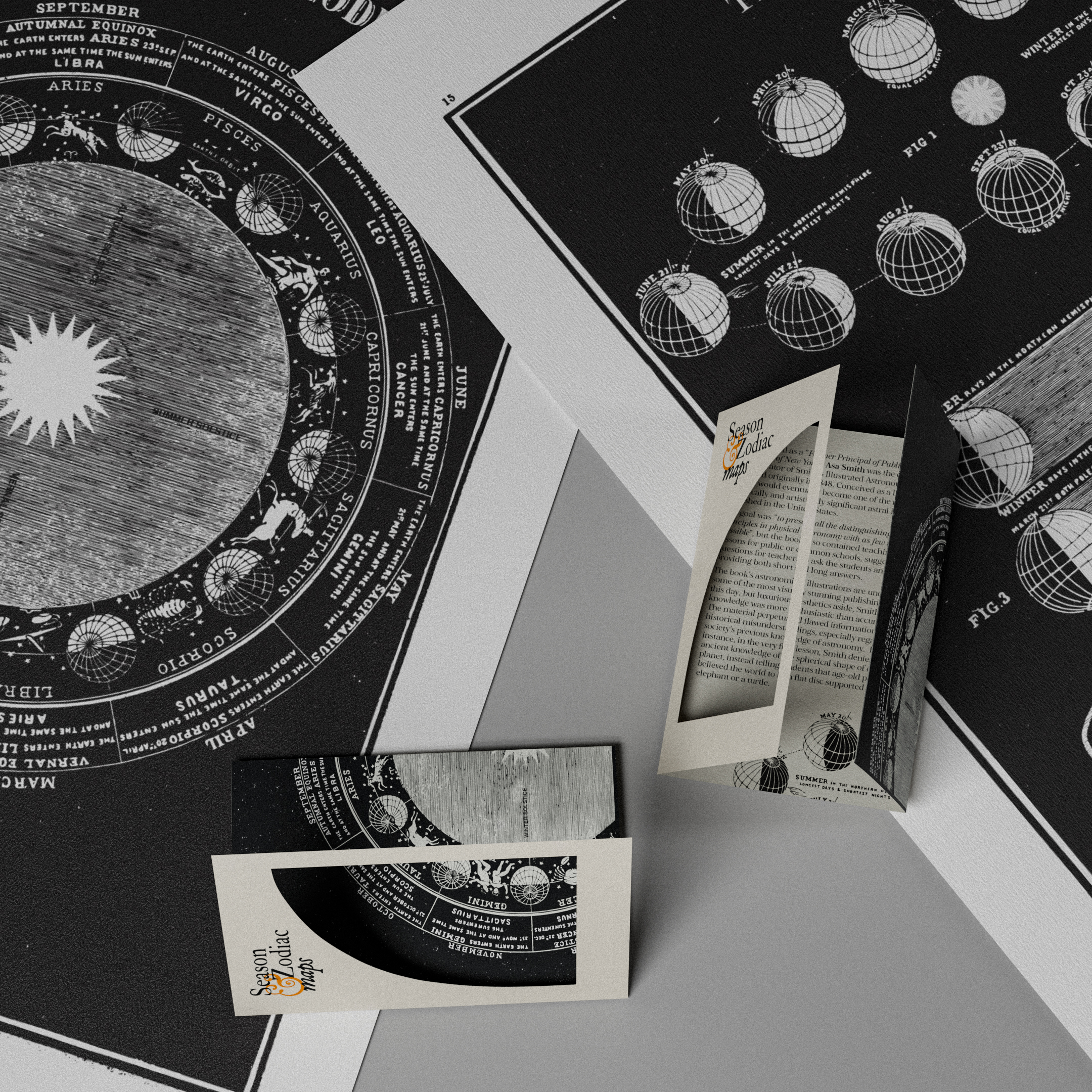 Black and white zodiac and seasonal astrology charts with folded informational brochures titled Season & Zodiac Maps.