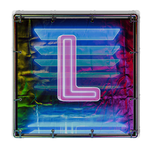 Glowing neon pink letter L over blue horizontal stripes on a wrinkled dark background.