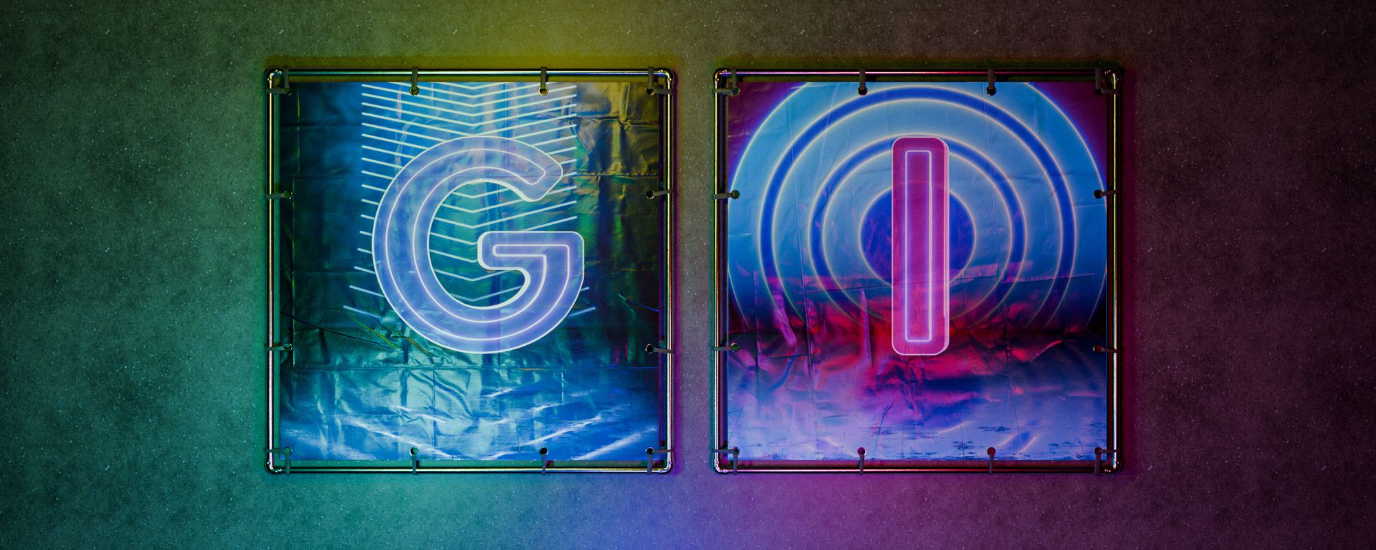 Two illuminated neon signs displaying the letters 'G' and 'I' mounted on metal frames against a textured wall.