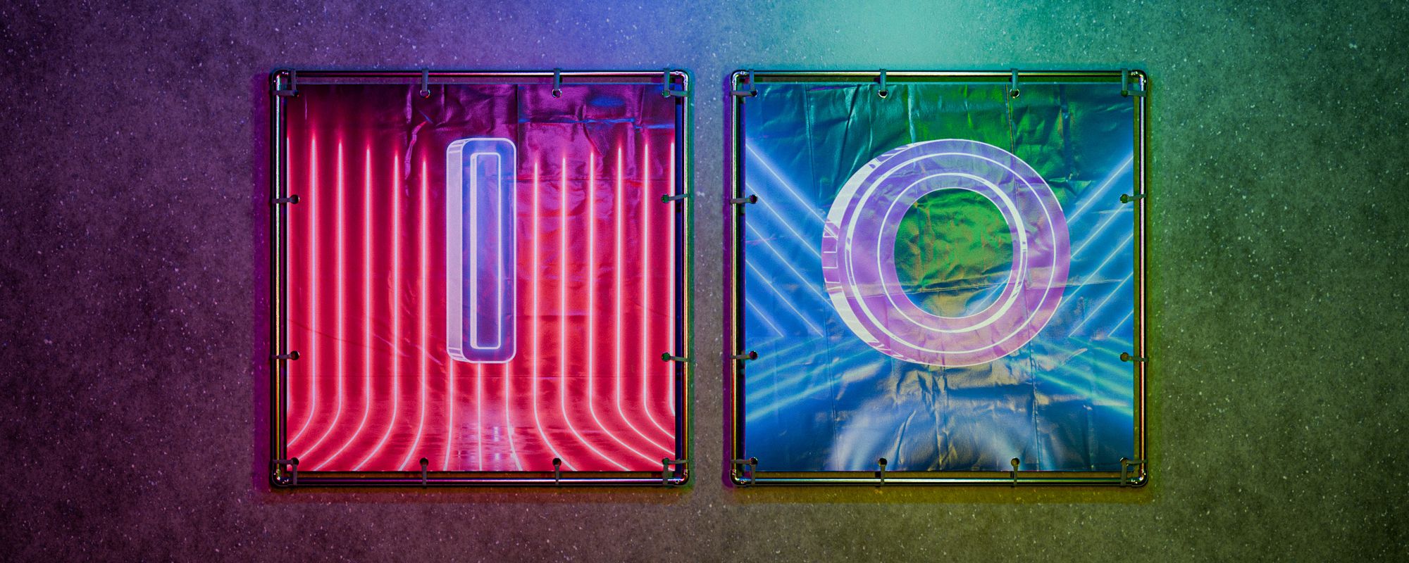 Two illuminated square panels on textured ground; left panel with glowing vertical neon lines and blue letter I, right panel with purple letter O and neon light patterns.