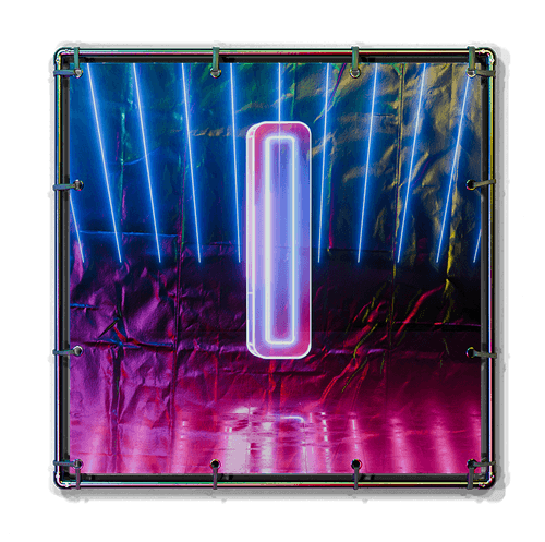 Neon vertical rectangular light glowing in purple and pink hues against a dark metallic backdrop with blue light streaks.