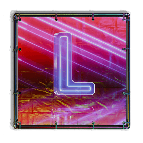 Neon-style letter L glowing in purple and blue on a red and pink gradient background with diagonal light streaks.