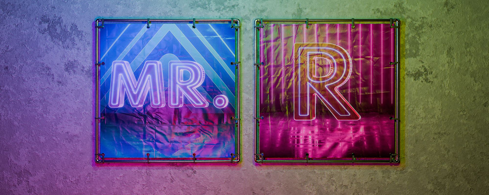 Two colorful neon signs on a textured wall, left sign reads 'MR.' in blue and pink hues, right sign shows a large 'R' in white on a pink background.