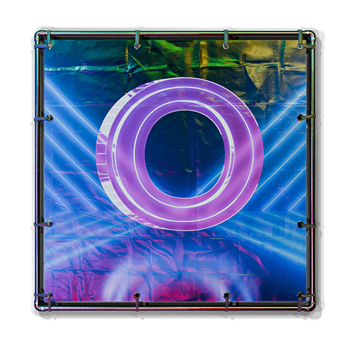 Neon purple letter O on a glossy, crinkled dark background with blue and green light reflections.