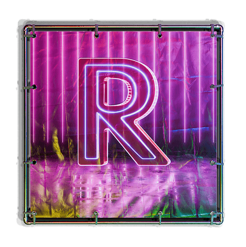 Neon letter 'R' glowing with blue and pink light on a reflective, crinkled metallic background with purple, pink, and green hues.