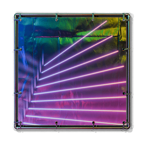 Square black frame holding a reflective surface with colorful neon light lines radiating diagonally in purple, pink, and green hues.