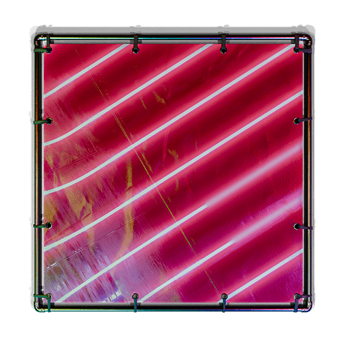 Square frame with diagonal neon pink and white light streaks on a dark pink reflective background.