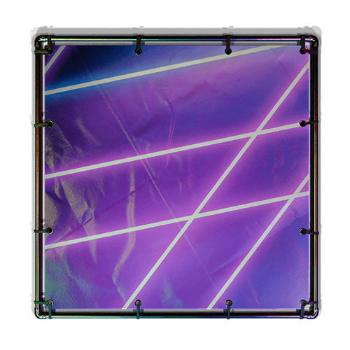 Square artwork with purple and blue gradient background featuring diagonal glowing white lines, enclosed in a black frame with visible clamps.