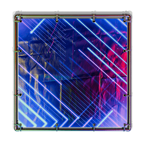 Square window frame with colorful neon light streaks in blue, purple, and red on a dark background.
