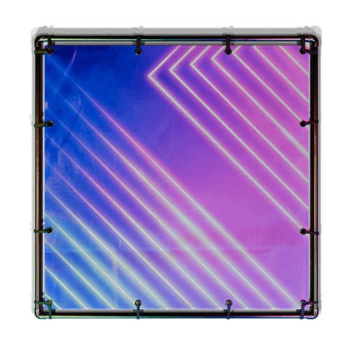 Square panel with neon diagonal lines creating a glowing geometric pattern in blue, purple, and pink hues.