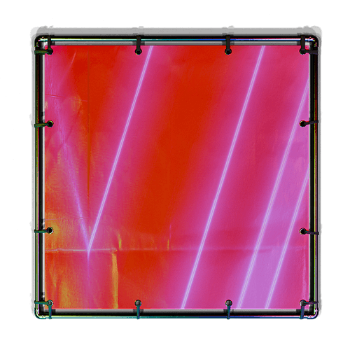 Square fabric banner with diagonal neon light streaks in shades of red and pink, secured by black cords through eyelets on all sides.