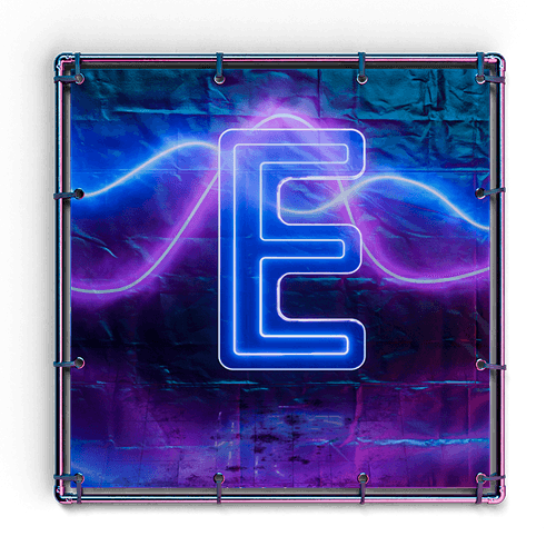 Blue neon letter E glowing with purple and pink light waves on a dark, textured background framed by a metal structure.
