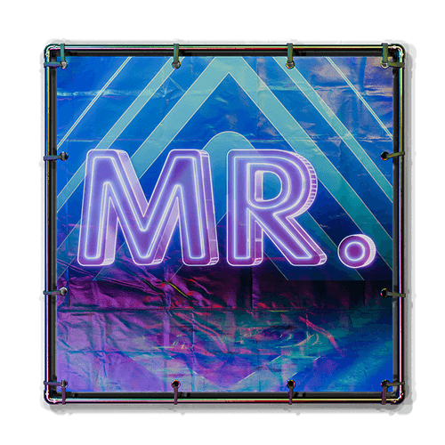 Square fabric banner with neon-style glowing letters 'MR.' on a blue and purple gradient background.