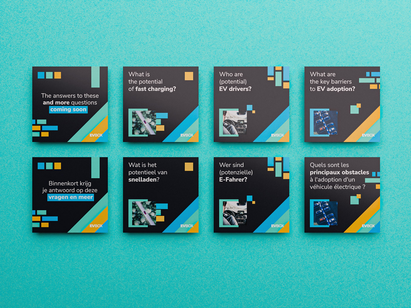 Eight promotional cards with text about EV charging, drivers, and adoption in English, Dutch, German, and French, each featuring a small related photo and colorful geometric accents on a turquoise background.