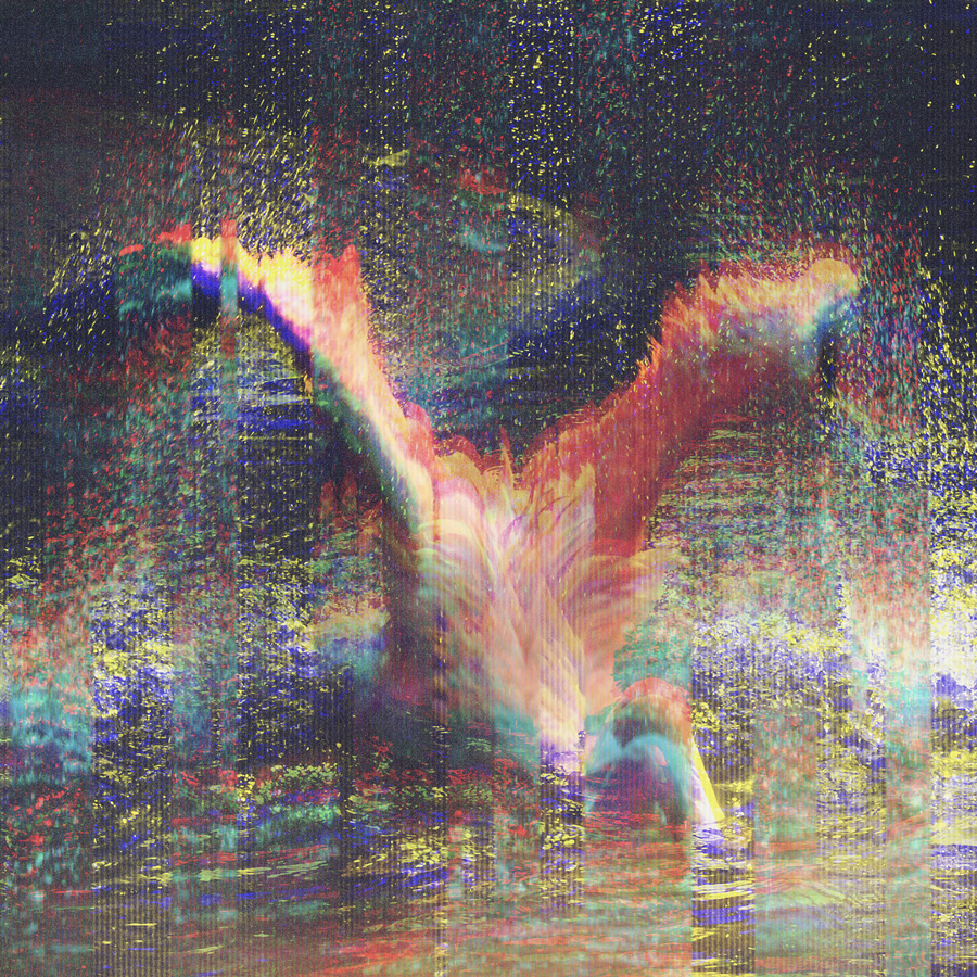 Glitch art image of a flamingo spreading its wings with colorful pixelated distortions.