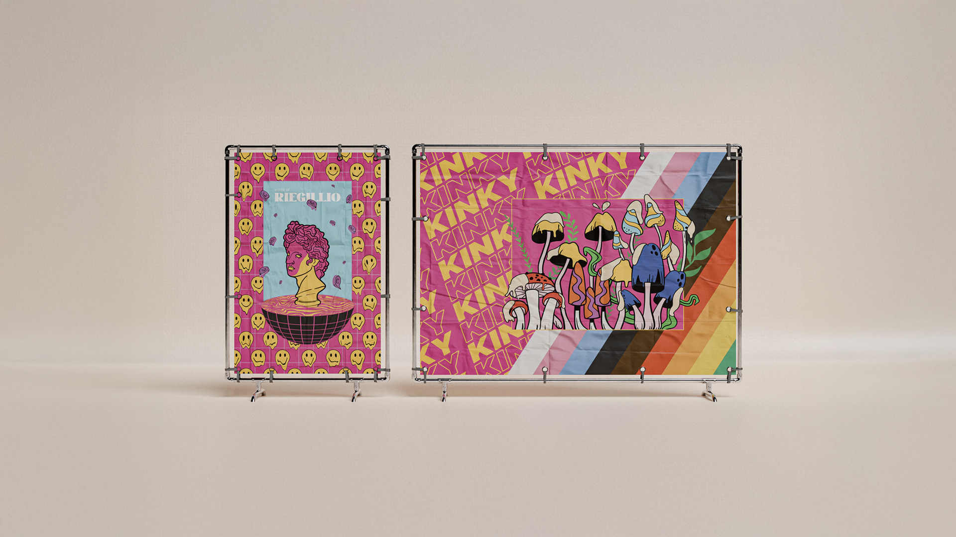 Two colorful art banners on stands; left banner shows a bust with pink hair floating above a grid bowl with smiley face pattern background, right banner features various stylized mushrooms with blue, yellow, and red colors over bold text and a rainbow-striped background.