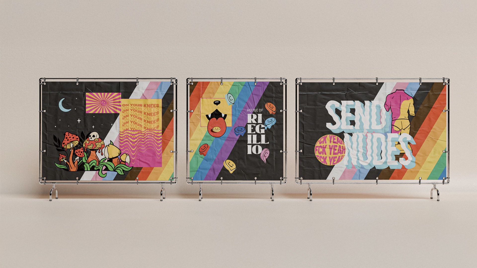 Three colorful fabric banners with psychedelic designs including mushrooms, rainbow stripes, text 'ON YOUR KNEES,' 'HOUSE OF REGGILIO,' and 'SEND NUDES' with a figure's back illustration.