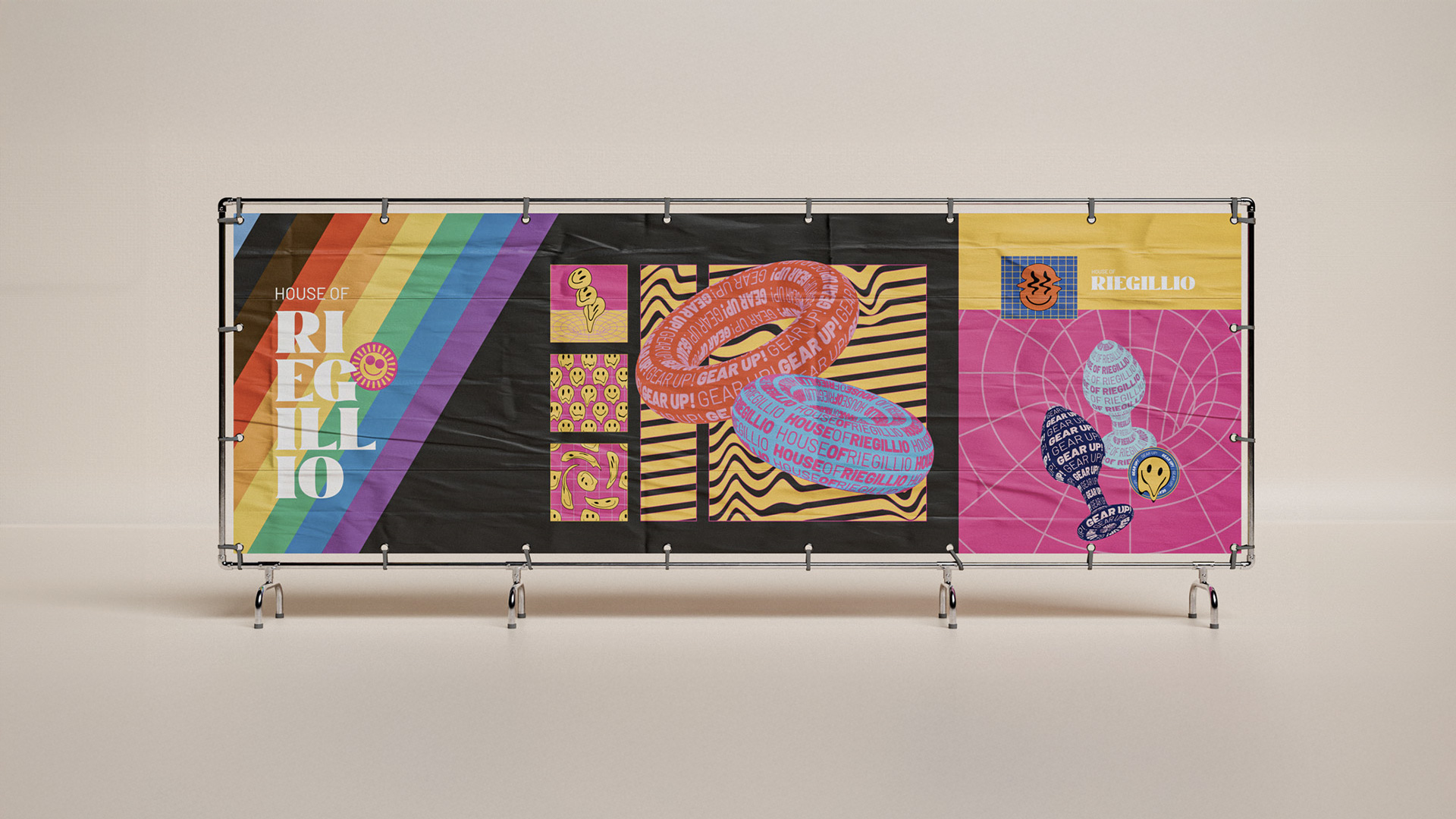 Colorful banner with rainbow stripes, text 'HOUSE OF RIEGILLIO', smiley face icons, patterned rings, and abstract shapes on black, pink, and yellow backgrounds.
