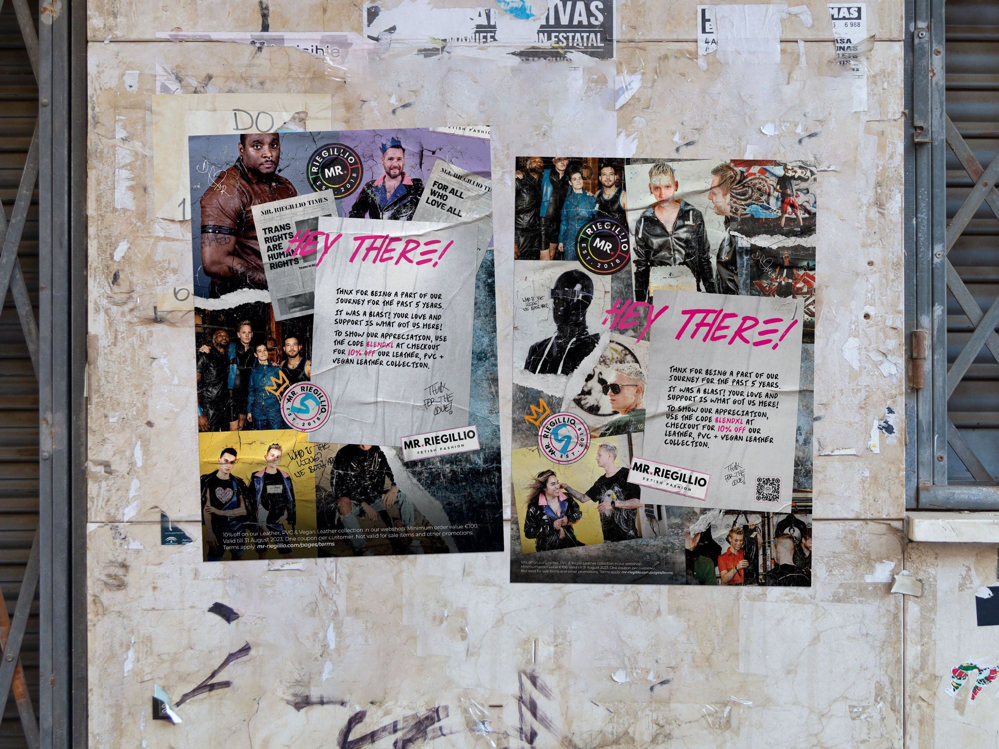Two weathered posters on a bulletin board featuring diverse people, promoting Mr. Riegillio's leather, PVC, and vegan leather collection with a 10% discount code.