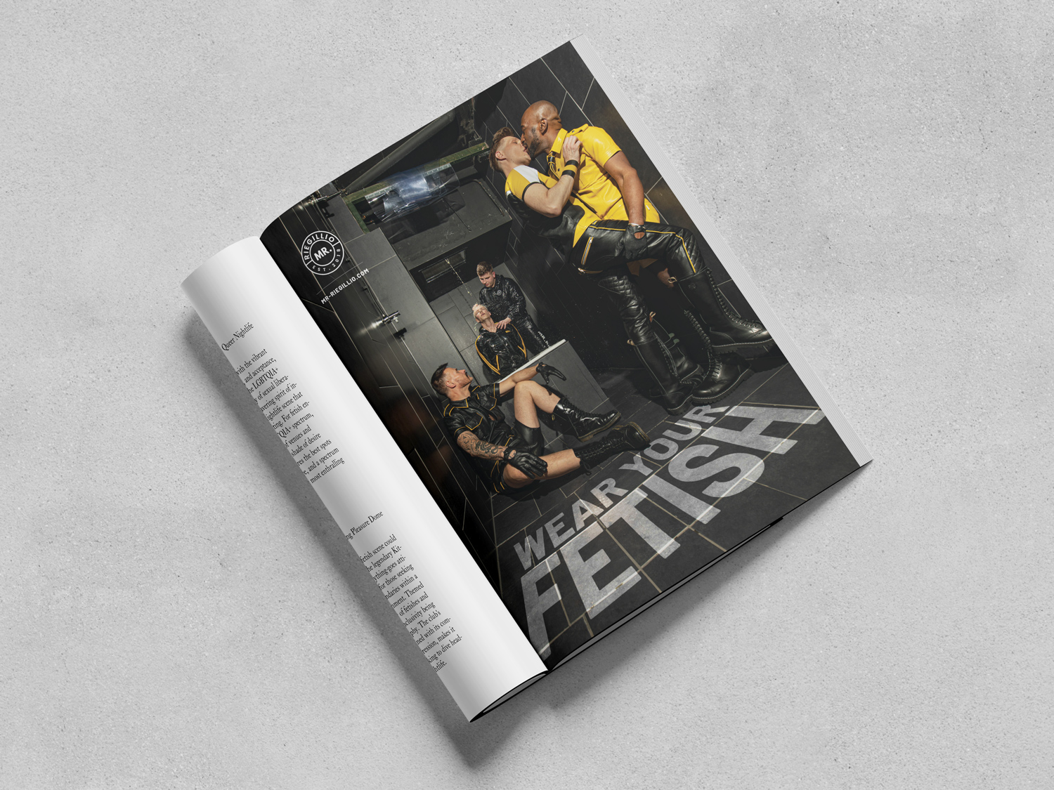 Magazine spread showing five men in black and yellow fetish gear in a dark tiled room, with large text saying 'WEAR YOUR FETTISH'.