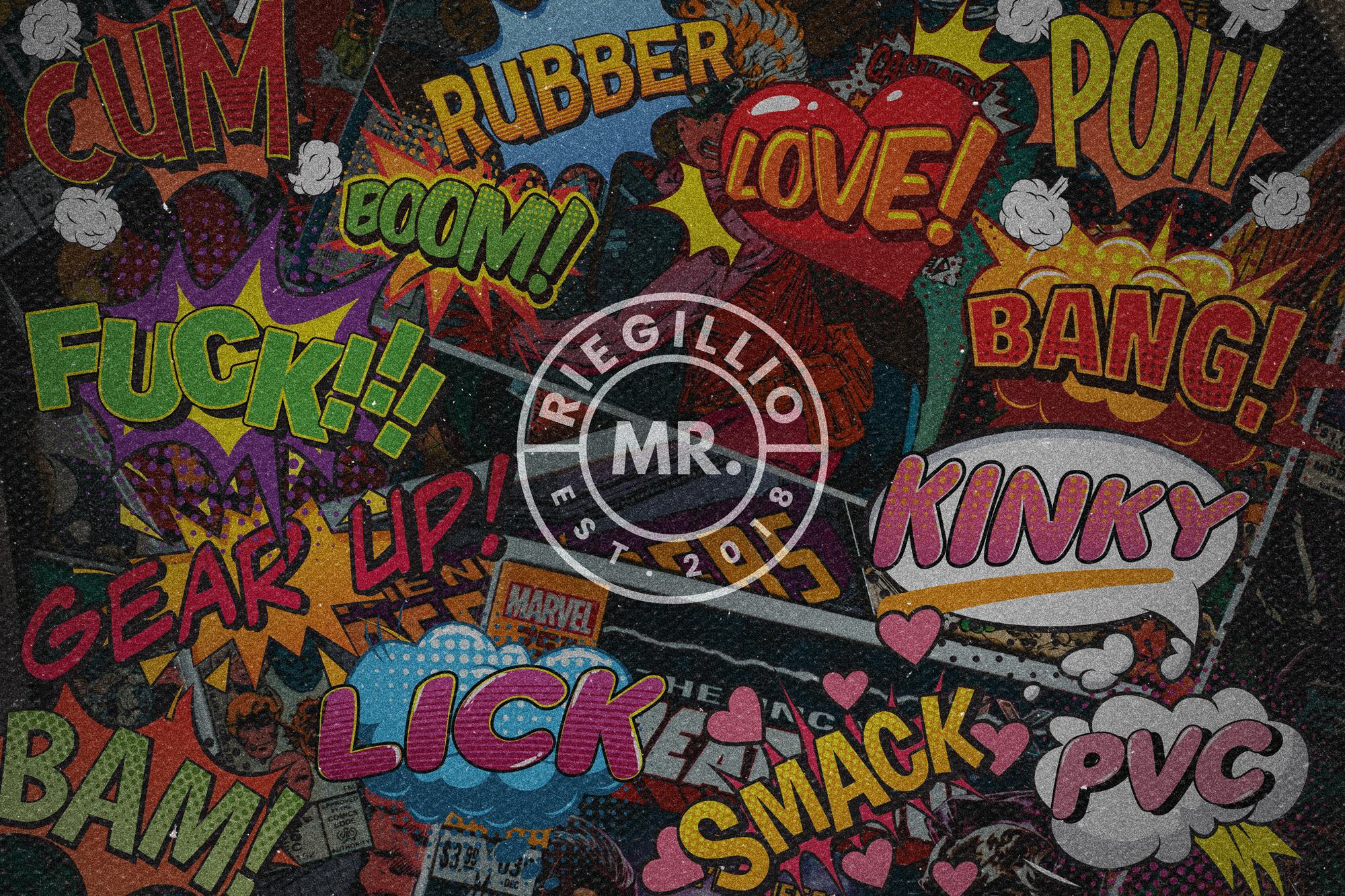 Colorful comic-style words and expressions including love, pow, bang, lick, smack, kinky, and explicit language in bold, vibrant text bubbles.