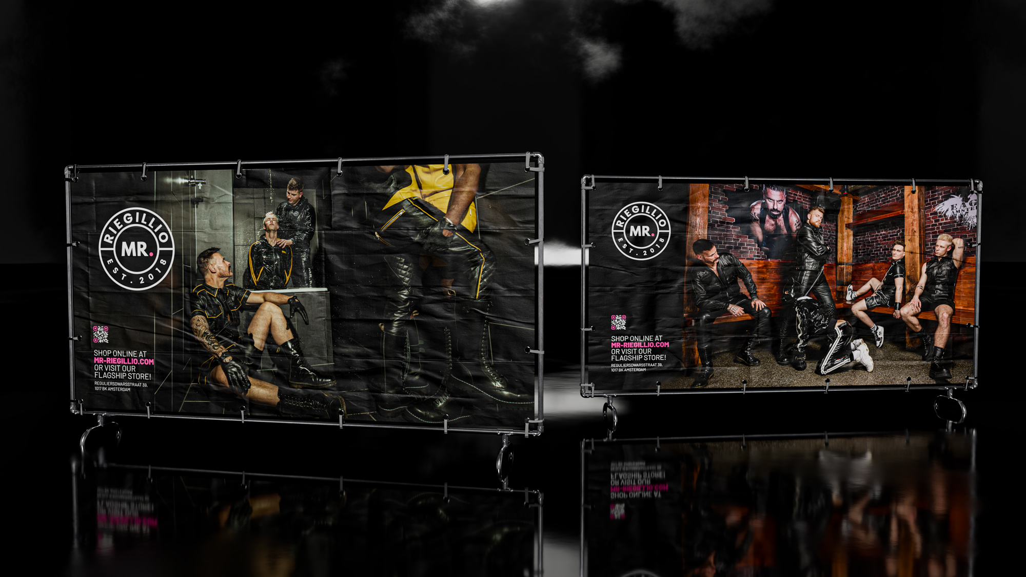 Two advertisement banners featuring men wearing black leather outfits in urban settings, promoting Mr. Riegillio brand with website and store information.