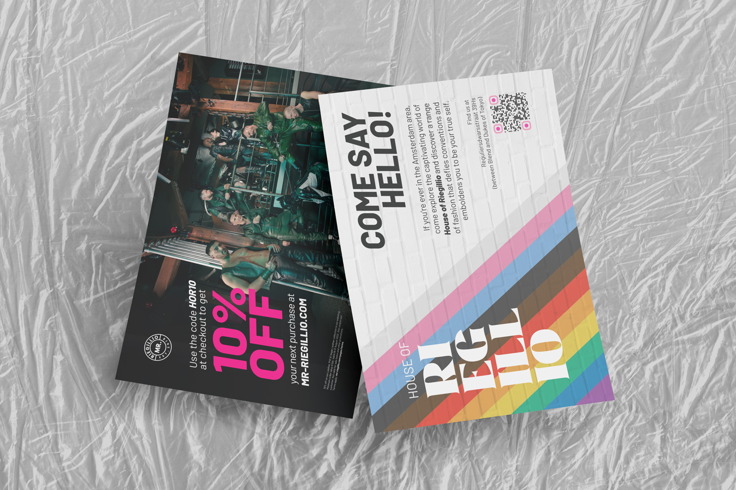 Two promotional flyers for House of Rieglio, one showing a group of men in leather outfits with 10% off discount code, the other with rainbow stripes and a welcome message in Amsterdam.