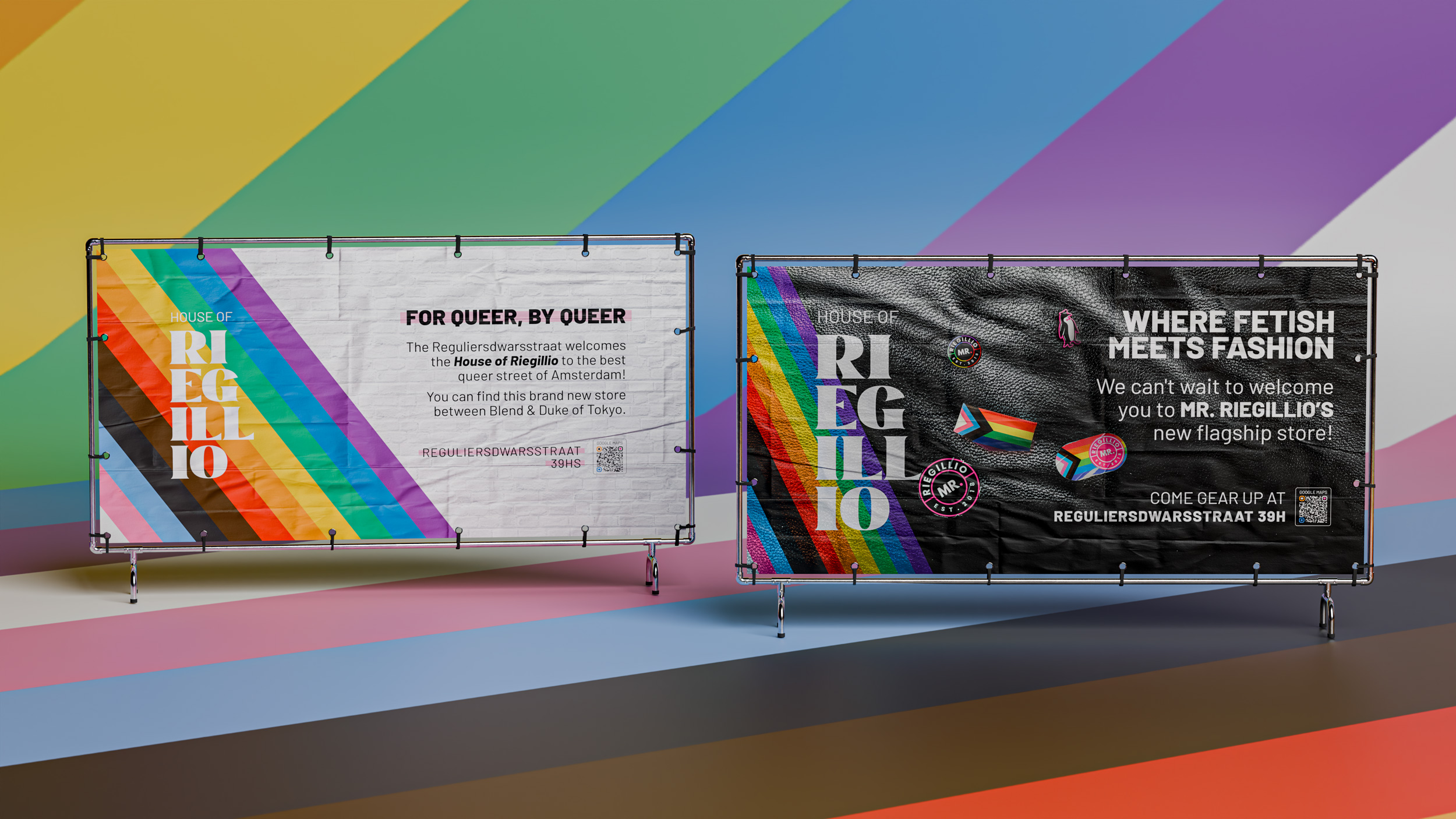 Two banners promoting House of Riegillio with rainbow stripes; left banner welcomes to queer street in Amsterdam, right banner advertises fetish fashion store at Reguliersdwarsstraat 39H.