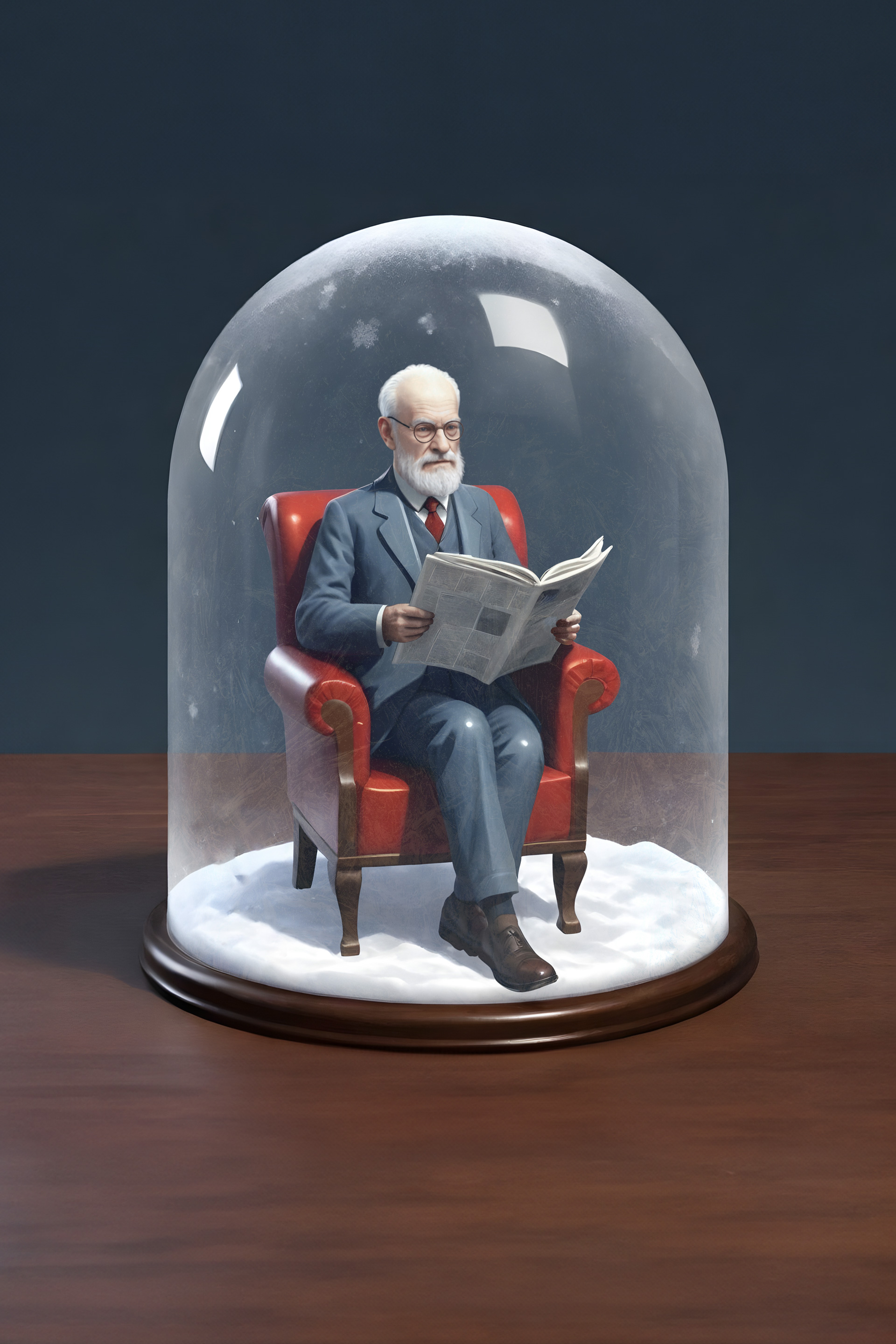 An older man with white hair and beard reading a newspaper while sitting in a red armchair inside a glass dome on a wooden base.
