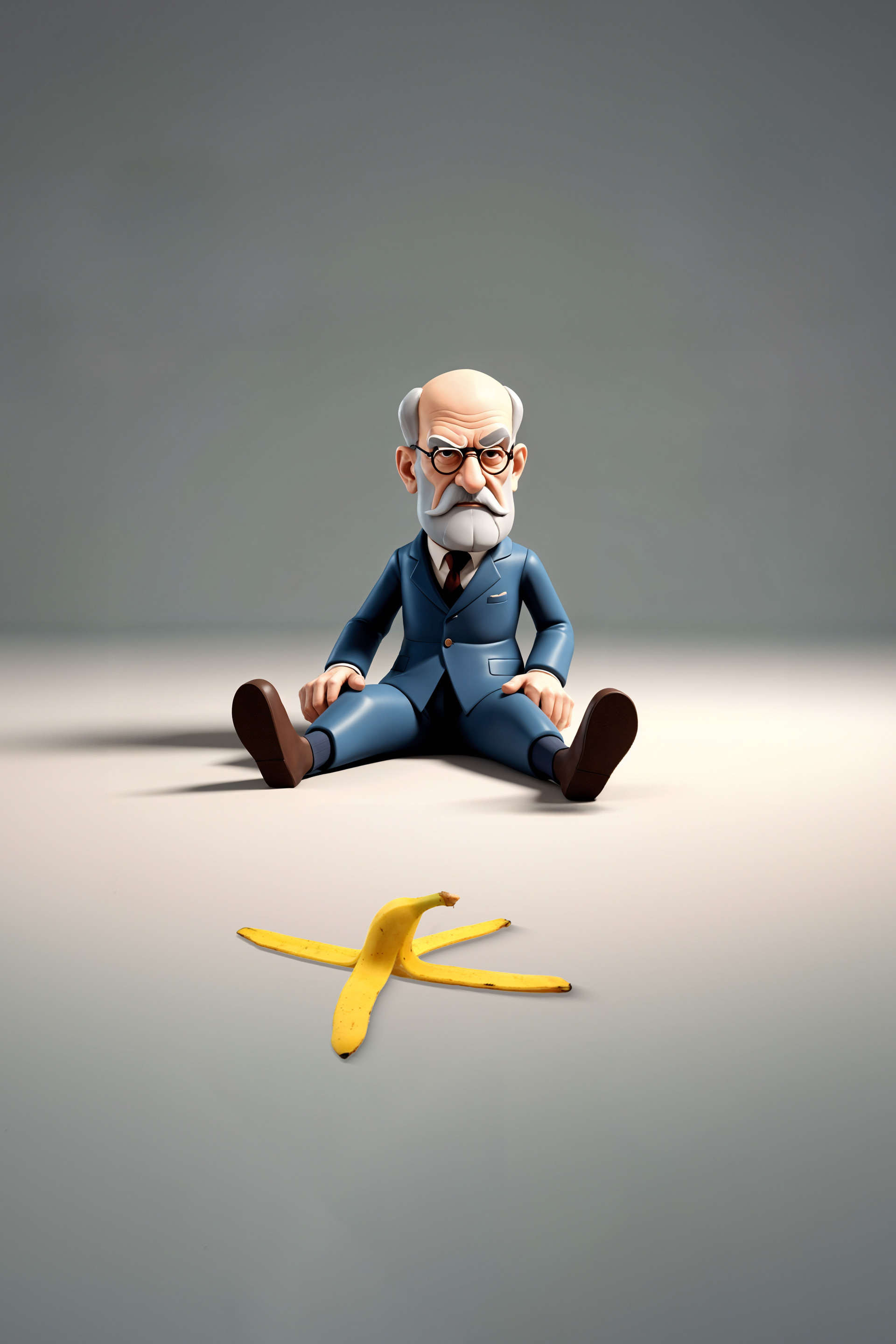 Cartoonish figure of an elderly man with glasses and a suit sitting on the floor behind a banana peel.