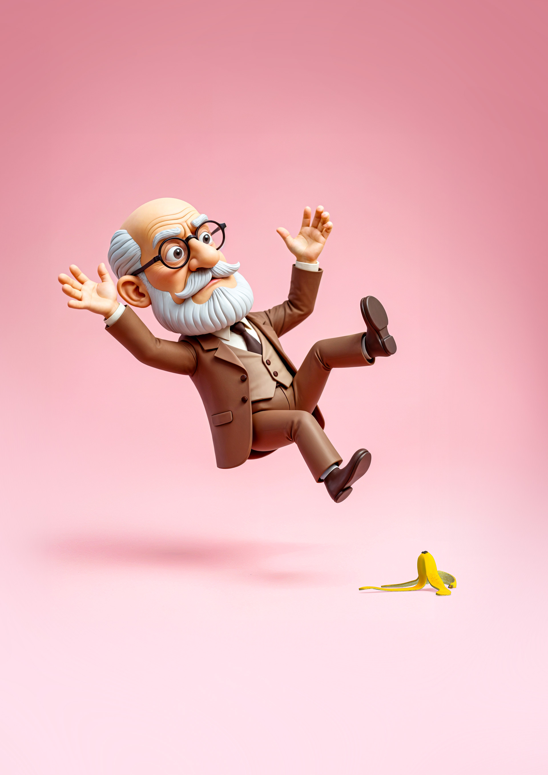 Cartoonish elderly man with glasses and beard slipping and falling backward near a banana peel on a pink background.
